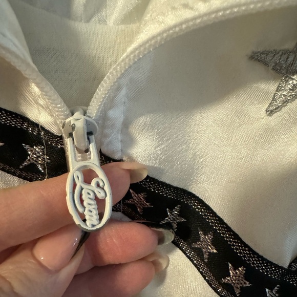 Lavon 80’s Silver & Black Shiny Embroidered Star Bomber Jacket Windbreaker LG - Picture 9 of 15